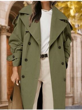 Green Casual Women's Oversized Belted Long Trench Coat